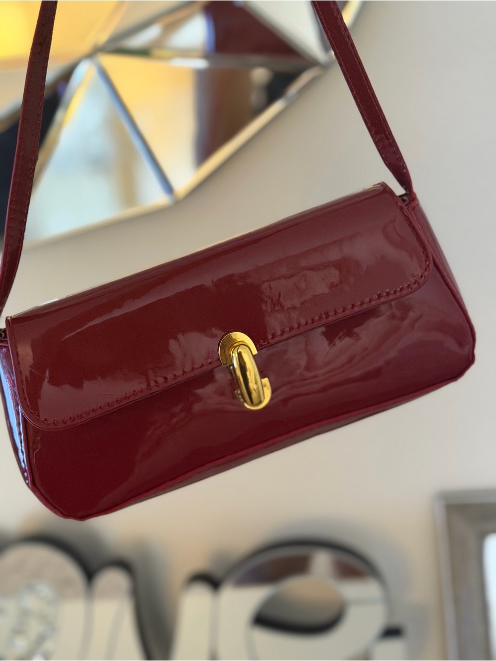 Patent Burgundy Shoulder Bag with Gold Turn-Lock